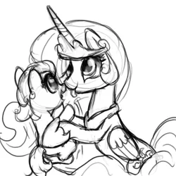 Size: 1500x1500 | Tagged: safe, artist:nimaru, derpibooru import, princess celestia, oc, pony, female, filly, holding a pony, monochrome, sketch, tongue out