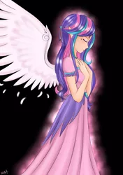 Size: 2039x2894 | Tagged: adult, artist:mdeltar, black background, clothes, derpibooru import, dress, elf ears, feather, female, high res, human, humanized, older, older flurry heart, princess flurry heart, safe, simple background, solo, spread wings, winged humanization, wings