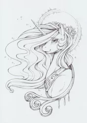 Size: 886x1249 | Tagged: safe, artist:longinius, derpibooru import, princess celestia, alicorn, pony, blushing, bust, female, flower, flower in hair, grayscale, halo, jewelry, lineart, mare, monochrome, pencil drawing, portrait, regalia, simple background, traditional art, white background