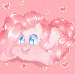 Size: 876x865 | Tagged: safe, artist:poncaruu, derpibooru import, pinkie pie, earth pony, pony, colored pupils, cute, diapinkes, female, heart, heart eyes, mare, open mouth, pink background, prone, simple background, solo, wingding eyes