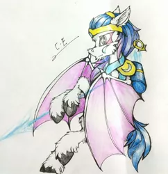 Size: 2448x2528 | Tagged: safe, artist:creature.exist, derpibooru import, oc, bat pony, pony, bat pony oc, bat wings, gold armor, hairband, photo, solo, traditional art, wings