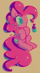 Size: 1061x1941 | Tagged: safe, artist:nancybigots, artist:optimumalfred, derpibooru import, pinkie pie, earth pony, pony, crying, cupcake, female, food, heart eyes, hooves to the chest, limited palette, mare, solo, tan background, tears of joy, teary eyes, wingding eyes