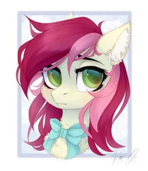 Size: 1200x1380 | Tagged: safe, artist:vird-gi, derpibooru import, roseluck, earth pony, pony, abstract background, bowtie, bust, cheek fluff, chest fluff, colored pupils, cute, cuteluck, ear fluff, female, fluffy, mare, portrait, signature, solo
