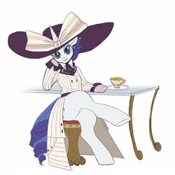 Size: 2048x2048 | Tagged: safe, artist:hosikawa, derpibooru import, rarity, pony, unicorn, ppov, bow, clothes, coat, crossed legs, cup, cute, ear piercing, earring, female, hat, high res, jewelry, looking at you, mare, piercing, raribetes, raristocrat, rose dewitt bukater, seat, simple background, sitting, solo, table, teacup, titanic, white background, wip