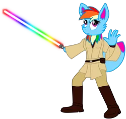 Size: 8037x7575 | Tagged: anthro, artist:ejlightning007arts, clothes, crossover, custom, derpibooru import, eevee, hybrid, hybrid oc, irl, jedi, lightsaber, oc, oc:rainbow eevee, photo, pokémon, pony hybrid, rainbow, safe, simple background, star wars, toy, transparent background, unofficial characters only, vector, weapon