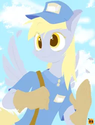 Size: 2560x3360 | Tagged: anthro, artist:irontwistfim, clothes, cloud, colored eyebrows, cute, derpabetes, derpibooru import, derpy hooves, feather, female, gloves, hat, high res, mailmare, mailmare uniform, safe, satchel, sky, smiling, solo