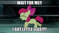 Size: 666x375 | Tagged: safe, derpibooru import, edit, edited screencap, screencap, apple bloom, earth pony, pony, bloom and gloom, blank flank, caption, cute, excessive exclamation marks, female, filly, full house, image macro, meme, running, solo, text