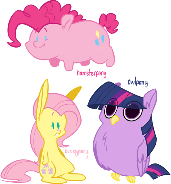 Size: 1250x1346 | Tagged: animal, artist:irontwistfim, beady eyes, bird, bunnified, bunnyshy, cute, derpibooru import, female, fluttershy, hamster, hamsterfied, owl, owl pony, pinkie pie, rabbit, safe, species swap, trio, twilight sparkle, twilight sparkowl