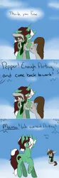 Size: 1000x3004 | Tagged: safe, artist:kaggy009, derpibooru import, oc, oc:fuselight, oc:peppermint pattie (unicorn), unofficial characters only, pegasus, pony, unicorn, ask peppermint pattie, blushing, clothes, female, hug, male, mare, scarf, stallion