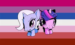 Size: 1280x768 | Tagged: safe, artist:cassettepony, deleted from derpibooru, derpibooru import, edit, trixie, twilight sparkle, pony, bisexual pride flag, chibi, fash'ems, female, implied bisexual, lesbian, lesbian pride flag, lesbian-bisexual pride flag, mare, pride, pride flag, shipping, toy, twixie