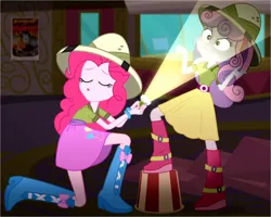 Size: 2270x1812 | Tagged: safe, derpibooru import, screencap, pinkie pie, sweetie belle, eqg summertime shorts, equestria girls, the canterlot movie club, belt, boots, bracelet, clothes, cropped, food, hat, jewelry, lantern, making faces with a flashlight, on one leg, popcorn, poster, shirt, shoes, skirt