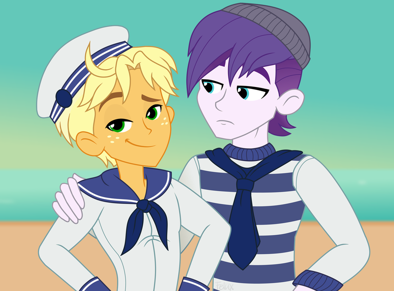 Size: 1751x1296 | Tagged: safe, artist:felux, derpibooru import, dirk thistleweed, ragamuffin (equestria girls), equestria girls, equestria girls series, spoiler:eqg series (season 2), alternate hairstyle, beanie, clothes, cute, duo, gay, hat, male, ragabetes, ragadirk, raised eyebrow, sailor, shipping, smiling