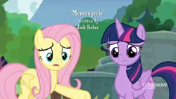 Size: 1600x900 | Tagged: safe, derpibooru import, screencap, fluttershy, twilight sparkle, twilight sparkle (alicorn), alicorn, pony, memnagerie, spoiler:memnagerie, spoiler:mlp friendship is forever, 9now, credits, josh haber, outdoors, sweet feather sanctuary, sweetfeather sanctuary, title, watermark, worried