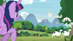 Size: 1600x900 | Tagged: 9now, alicorn, bird, butterfly, derpibooru import, dove, flying, forest, memnagerie, mountain, outdoors, sad, safe, screencap, spoiler:memnagerie, spoiler:mlp friendship is forever, swan, twilight sparkle, twilight sparkle (alicorn), walking away, watermark