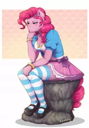 Size: 1434x2060 | Tagged: safe, artist:evomanaphy, derpibooru import, pinkie pie, anthro, plantigrade anthro, equestria girls, breasts, busty pinkie pie, cleavage, clothes, equestria girls outfit, female, mary janes, misleading thumbnail, shoes, sitting, socks, solo, stockings, striped socks, the thinker, thigh highs