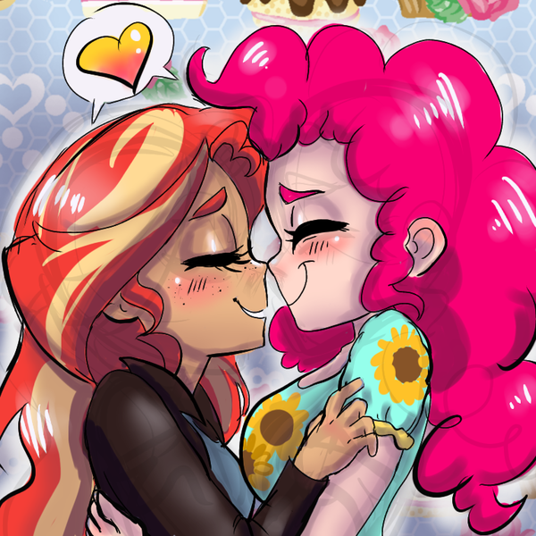 Size: 768x768 | Tagged: artist:ask-sunpie, artist:wimsie, blouse, blushing, clothes, derpibooru import, female, floral print, flower, heart, human, humanized, jacket, lesbian, nuzzling, pinkie pie, safe, shipping, sunflower, sunsetpie, sunset shimmer, tumblr:ask sunpie