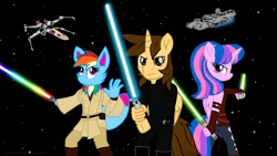 Size: 3840x2160 | Tagged: alicorn, alicorn oc, anthro, anthro oc, artist:ejlightning007arts, clothes, costume, derpibooru import, dual wield, eevee, group, horn, hybrid oc, jedi, lightsaber, millenium falcon, not rainbow dash, not twilight sparkle, oc, oc:ej, oc:hsu amity, oc:rainbow eevee, pokémon, safe, space, spaceship, starfighter, star wars, trio, wallpaper, weapon, wings, x-wing