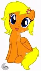 Size: 400x685 | Tagged: safe, artist:lunayay, artist:princesslunayay, derpibooru import, oc, oc:whistle blossom, pegasus, pony, cute, deviantart watermark, digital art, female, filly, flower, flower in hair, foal, looking at you, obtrusive watermark, open mouth, signature, simple background, sitting, smiling, smiling at you, teenager, watermark, whistlebetes, white background