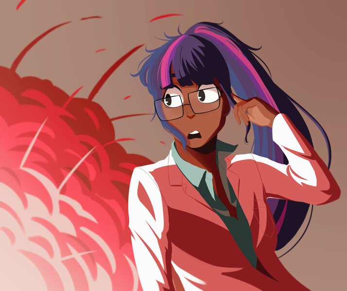 Size: 3702x3112 | Tagged: artist:llama_draws, clothes, dark skin, derpibooru import, explosion, female, glasses, human, humanized, lab coat, ponytail, safe, sci-twi, shirt, solo, twilight sparkle