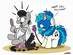 Size: 1024x774 | Tagged: safe, artist:bobthedalek, derpibooru import, octavia melody, vinyl scratch, earth pony, pony, unicorn, alternate hairstyle, bad haircut, female, haircut, magic, mare, messy mane, mirror, shaver, shocked, stool, this will end in pain, unkempt mane