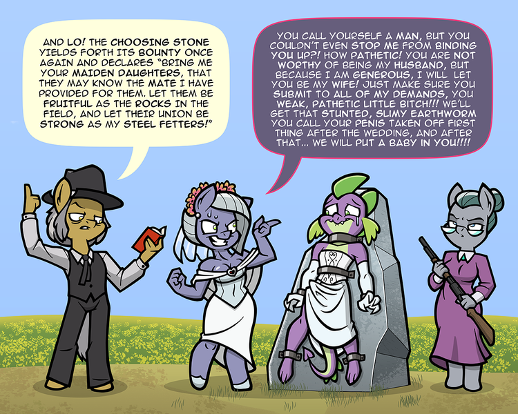 Size: 1250x1000 | Tagged: questionable, artist:toonbat, derpibooru import, cloudy quartz, igneous rock pie, limestone pie, spike, anthro, unguligrade anthro, abuse, bondage, breasts, choosing stone, clothes, crazy face, crossdressing, crying, dress, erection under clothes, faic, female, femboy spike, forced feminization, image, implied penectomy, male, older, older spike, png, scaroused, shipping, shotgun wedding, spikeabuse, spikestone, straight, sweat, wedding dress