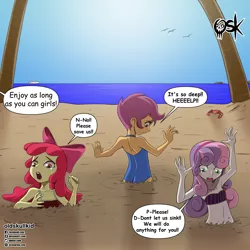 Size: 2000x2000 | Tagged: semi-grimdark, suggestive, artist:oldskullkid, derpibooru import, apple bloom, scootaloo, sweetie belle, crab, equestria girls, apple bloom's bow, armpits, beach, belly button, bikini, bow, clothes, crying, cutie mark crusaders, hair bow, imminent death, midriff, offscreen character, one-piece swimsuit, quicksand, speech bubble, swimsuit