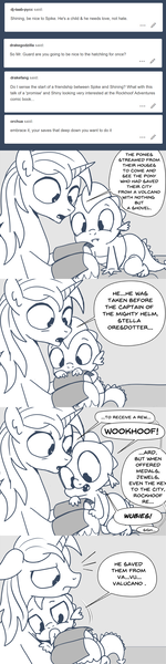 Size: 896x3579 | Tagged: safe, artist:mamatwilightsparkle, derpibooru import, shining armor, spike, dragon, pony, unicorn, baby, baby spike, comic, comic book, crying, diaper, implied rockhoof, monochrome, reading, snuggling, tumblr, younger