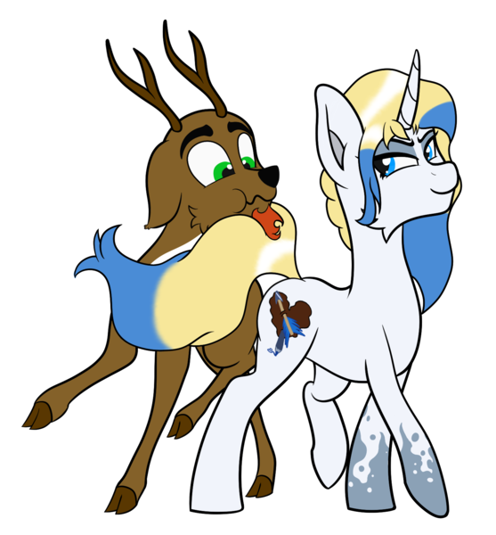 Size: 1468x1582 | Tagged: safe, artist:jacktality, derpibooru import, oc, oc:loopina, oc:renn, deer, unicorn, antlers, blue eyes, cloven hooves, deer oc, female, green eyes, horn, looking back, male, mare, raised tail, simple background, tail, tail seduce, unicorn oc, white