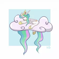 Size: 1280x1280 | Tagged: safe, artist:ramunerd, derpibooru import, princess celestia, alicorn, pony, abstract background, cloud, crown, cute, cutelestia, eyes closed, female, hoof shoes, jewelry, mare, on a cloud, prone, regalia, sleeping, solo