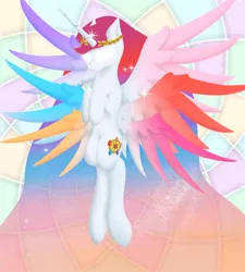 Size: 900x1000 | Tagged: safe, artist:tunrae, derpibooru import, oc, oc:concordia, alicorn, pony, alicorn oc, colored wings, commission, element of generosity, element of honesty, element of kindness, element of laughter, element of loyalty, element of magic, elements of harmony, glowing eyes, horn, laurel wreath, multicolored mane, multicolored wings, multiple wings, simple background, sneaky signature, solo, spread wings, stained glass, transparent mane, wings