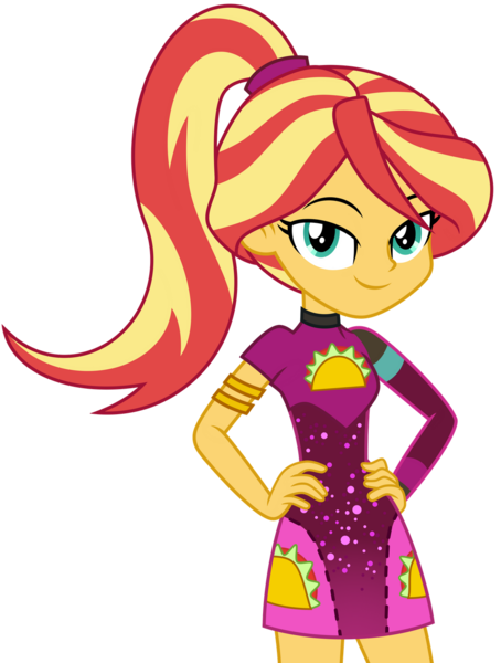 Size: 1024x1353 | Tagged: safe, artist:emeraldblast63, derpibooru import, sonata dusk, sunset shimmer, equestria girls, equestria girls series, sunset's backstage pass!, spoiler:eqg series (season 2), alternate hairstyle, armlet, clothes swap, food, minidress, ponytail, simple background, taco, taco dress, transparent background