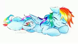 Size: 3576x2011 | Tagged: safe, artist:liaaqila, derpibooru import, rainbow dash, pegasus, pony, backwards cutie mark, belly button, cute, dashabetes, eyes closed, female, fluffy, mare, sleeping, smiling, solo, traditional art