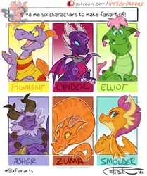 Size: 900x1075 | Tagged: artist:mrsdrpepper, bust, crossed arms, cynder, derpibooru import, dragon, dragoness, elliot, female, figment, looking back, male, patreon, patreon logo, pete's dragon, safe, six fanarts, smolder, spyro the dragon, spyro the dragon (series), wings, zuma