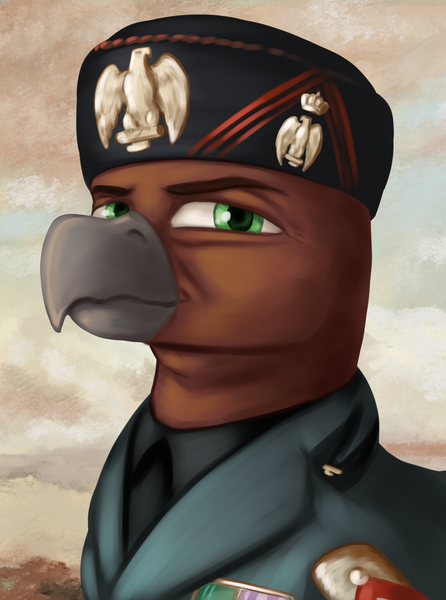 Size: 1560x2100 | Tagged: safe, artist:dukevonkessel, derpibooru import, oc, oc:giulio beakolini, gryphon, equestria at war mod, benito mussolini, bust, male, portrait, solo