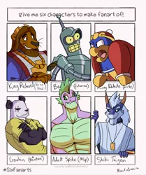 Size: 1072x1280 | Tagged: abs, angry, anthro, artist:macrodamia, bear, beastars, bender bending rodriguez, big cat, bird, cigar, clothes, derpibooru import, dragon, futurama, gigachad spike, gohin (beastars), king dedede, kirby, lion, male, muscles, older, older spike, panda, penguin, robin hood, robot, safe, six fanarts, spike