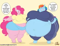 Size: 1155x892 | Tagged: anthro, artist:nekocrispy, ass, bbw, belly, belly button, big belly, big breasts, breasts, busty pinkie pie, busty rainbow dash, butt, chubby cheeks, clothes, colored, derpibooru import, fat, huge belly, huge breasts, huge butt, large butt, morbidly obese, obese, pants, pinkie pie, pudgy pie, rainblob dash, rainbow dash, ssbbw, suggestive, sweatpants, thighs, thunder thighs, tubby wubby pony waifu, unguligrade anthro, weight gain, weight gain sequence, wide hips