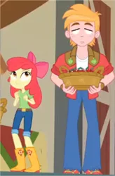 Size: 993x1514 | Tagged: safe, derpibooru import, screencap, apple bloom, big macintosh, equestria girls, equestria girls series, holidays unwrapped, spoiler:eqg series (season 2), apple, apple bloom's bow, basket, blank eyes, boots, bow, clothes, cropped, faic, food, great moments in animation, hair bow, jeans, looking at someone, looking up, ohgodwhat, pants, shirt, shoes, the cider louse fools