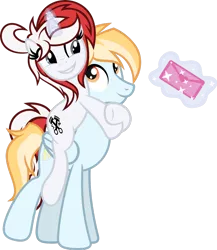 Size: 1024x1181 | Tagged: safe, artist:fuzzybrushy, derpibooru import, oc, oc:stock piston, oc:stormy sunset, unofficial characters only, pegasus, pony, unicorn, love letter, ponies riding ponies, riding, show accurate, simple background, size difference, transparent background