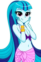 Size: 859x1281 | Tagged: safe, artist:rosemile mulberry, derpibooru import, sonata dusk, equestria girls, alternate hairstyle, belly button, bikini, bracelet, breasts, busty sonata dusk, cleavage, clothes, cute, female, front knot midriff, jewelry, looking at you, midriff, sarong, smiling, solo, sonatabetes, swimsuit, very long hair