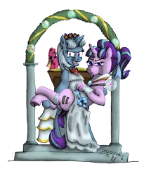 Size: 4170x5078 | Tagged: safe, artist:edhelistar, derpibooru import, starlight glimmer, sundance, trixie, pony, unicorn, g2, absurd resolution, alicorn amulet, bad end, bipedal, book, bridal carry, butt, carrying, clerical collar, clothes, column, commission, creepy, creepy smile, crossed legs, cutie mark theft, dock, dress, duo, equal cutie mark, equalized, equalized mane, female, flower band, frog (hoof), garter, glimmer glutes, lesbian, looking at you, marriage, mixed media, ponytail, psychotic, ribbon, s5 starlight, shipping, simple background, smiling, smug, smuglight glimmer, startrix, steps, toy, transparent background, underhoof, wall of tags, wedding, wedding arch, wedding dress, welcome home twilight, xk-class end-of-the-world scenario