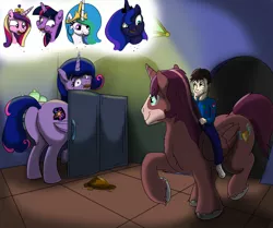 Size: 1500x1251 | Tagged: safe, artist:cactuscowboydan, author:bigonionbean, derpibooru import, princess cadance, princess celestia, princess luna, twilight sparkle, twilight sparkle (alicorn), oc, oc:king speedy hooves, oc:queen galaxia, oc:tommy the human, alicorn, human, pony, alicorn oc, alicorn princess, butt, cake, cakelestia, child, chocolate, clothes, commissioner:bigonionbean, cutie mark, dessert, embarrassed, family photo, father and child, father and son, female, flank, food, fusion, fusion:king speedy hooves, fusion:queen galaxia, giggling, guilty, horn, human oc, husband and wife, it's not what it looks like, kitchen, male, mare, messy eating, midnight snack, mother and child, mother and son, pajamas, plot, pony sized pony, puffy cheeks, refrigerator, riding, shocked, stallion, story included, the ass was fat, thicc ass, wings