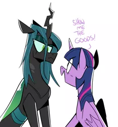 Size: 1051x1130 | Tagged: safe, artist:cassettepunk, deleted from derpibooru, derpibooru import, queen chrysalis, twilight sparkle, twilight sparkle (alicorn), alicorn, changeling, changeling queen, pony, duo, female, horn, lesbian, looking at each other, shipping, show me the goods, simple background, slit pupils, speech, talking, twisalis, white background, wings