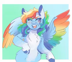 Size: 2215x1905 | Tagged: safe, artist:scarletskitty12, derpibooru import, rainbow dash, pegasus, pony, bipedal, blushing, cheek fluff, chest fluff, coat markings, colored wings, cute, dashabetes, ear fluff, eyes closed, female, leg fluff, lightning, mare, multicolored wings, open mouth, pale belly, rainbow wings, solo, spread wings, unshorn fetlocks, wings