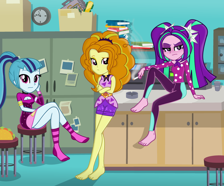 Size: 3192x2648 | Tagged: safe, artist:charliexe, artist:grapefruitface1, derpibooru import, adagio dazzle, aria blaze, sonata dusk, equestria girls, equestria girls series, find the magic, spoiler:eqg series (season 2), ashtray, ass, barefoot, base used, blushing, book, butt, cigarette, clock, clothes, desk, feet, food, legs, looking at you, office, schrödinger's pantsu, smoking, socks, sonata donk, taco, the dazzlings, thighs