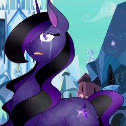 Size: 1417x1417 | Tagged: safe, artist:selcix, derpibooru import, oc, oc:amethyst star, pony, unicorn, crying, crystal empire, horn, unicorn oc