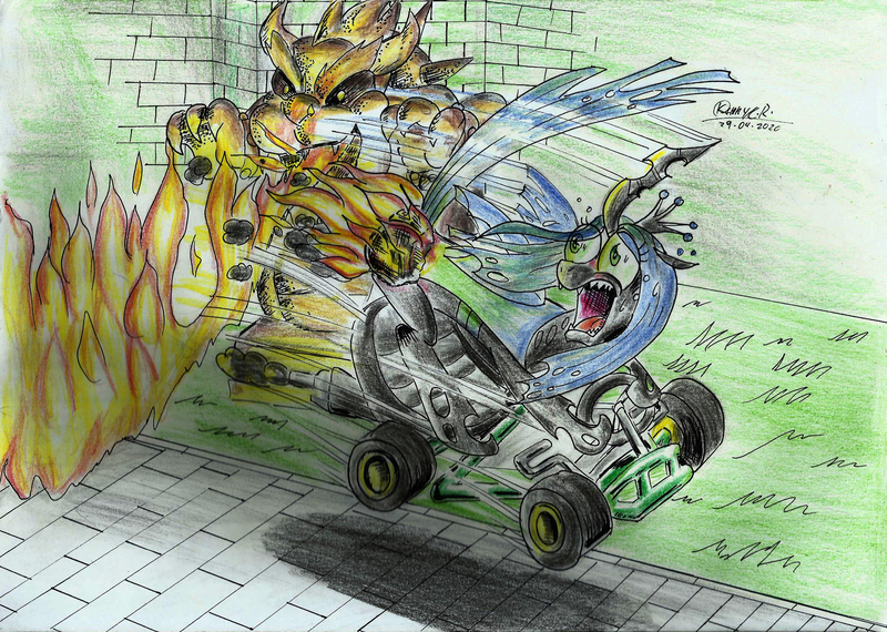 Size: 2320x1654 | Tagged: safe, artist:3500joel, derpibooru import, queen chrysalis, changeling, pony, bowser, brick wall, butt fire, fire, go kart, grass, mario kart, scared, smoke, traditional art, wide eyes