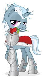 Size: 1833x3272 | Tagged: safe, artist:zutheskunk oc commissions, derpibooru import, oc, oc:ice storm, unicorn, armor, cape, clothes, commission, flower, flower in mouth, horn, mouth hold, rose, rose in mouth, simple background, solo, transparent background, unicorn oc, vector