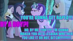 Size: 1258x720 | Tagged: suggestive, derpibooru import, edit, edited screencap, editor:useraccount, screencap, applejack, rarity, starlight glimmer, twilight sparkle, twilight sparkle (alicorn), alicorn, earth pony, pegasus, pony, unicorn, the cutie map, caption, correctional rape, equal cutie mark, excessive exclamation marks, image macro, imminent rape, imminent sex, implied lesbian, implied rape, implied shipping, implied twistarlight, rapeface, s5 starlight, text, vulgar