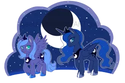 Size: 2001x1334 | Tagged: safe, artist:assechan, derpibooru import, princess luna, alicorn, pony, age progression, blushing, crescent moon, cute, duality, female, looking at you, lunabetes, mare, moon, night, no pupils, open mouth, profile, s1 luna, self ponidox, simple background, sky, stars, transparent background