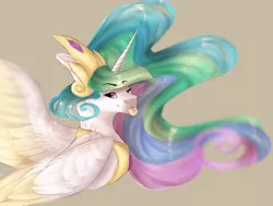 Size: 1024x774 | Tagged: safe, artist:shalnor, deleted from derpibooru, derpibooru import, princess celestia, alicorn, pony, :p, bust, crown, cute, cutelestia, female, gray background, jewelry, mare, one eye closed, portrait, regalia, simple background, solo, tongue out, two toned wings, wings, wink